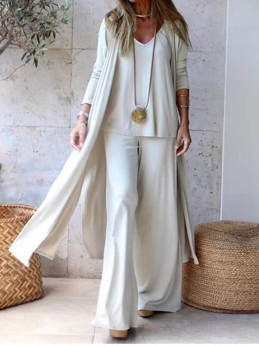 Elsa - Dreiteiliges Sommer-Set mit V-Ausschnitt, singlet lang Weste und unifarbene Hosen mit weitem Bein