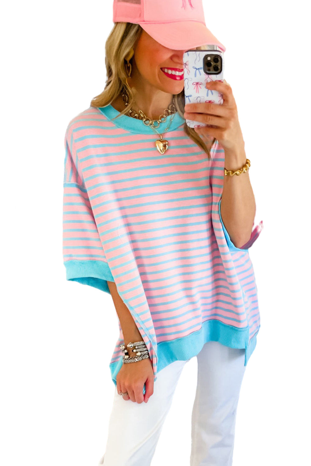 Anna - Horizontal gestreiftes, locker sitzendes T-Shirt mit Kontrastbesatz und weiten, kurzen Ärmeln
