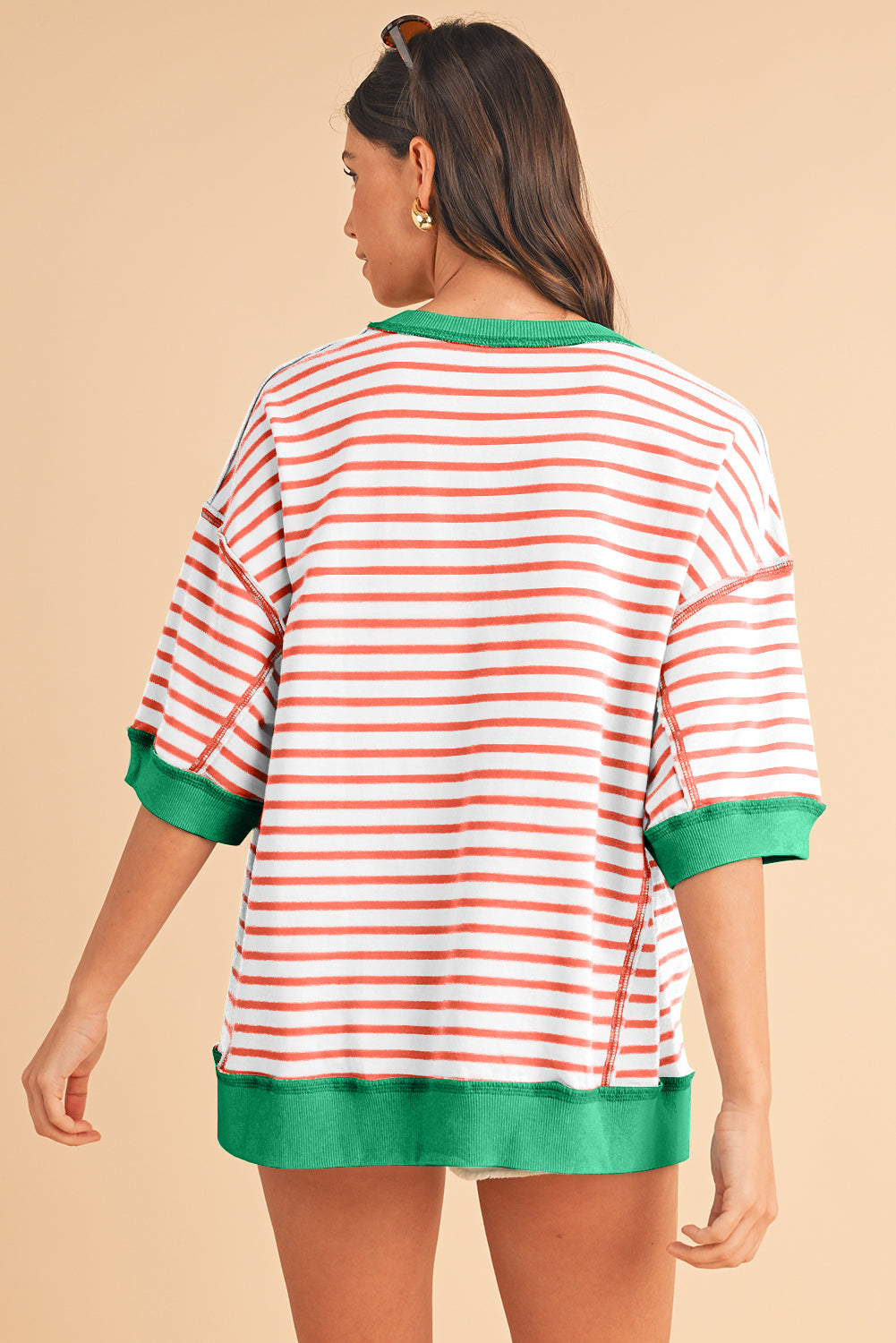 Anna - Horizontal gestreiftes, locker sitzendes T-Shirt mit Kontrastbesatz und weiten, kurzen Ärmeln