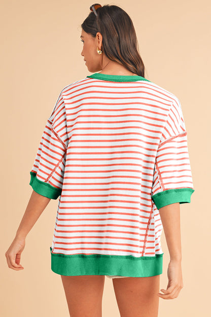 Anna - Horizontal gestreiftes, locker sitzendes T-Shirt mit Kontrastbesatz und weiten, kurzen Ärmeln