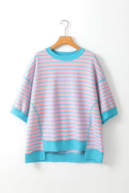Anna - Horizontal gestreiftes, locker sitzendes T-Shirt mit Kontrastbesatz und weiten, kurzen Ärmeln
