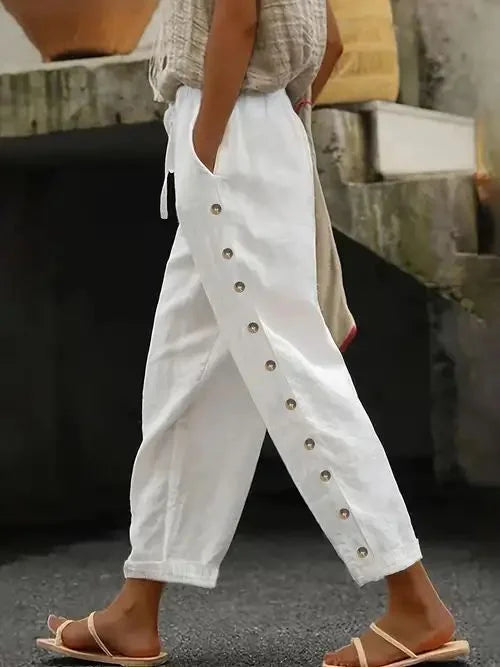 Sophie - Gemütlicher Sommer Leinen Lang Hose bis Knöchel mit Seite Knöpfe und enger Kordelzug