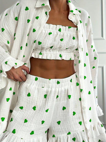 Sientje - Herzen Dreiteiliges Pyjama-Set mit Oberteil, Hose und Weste