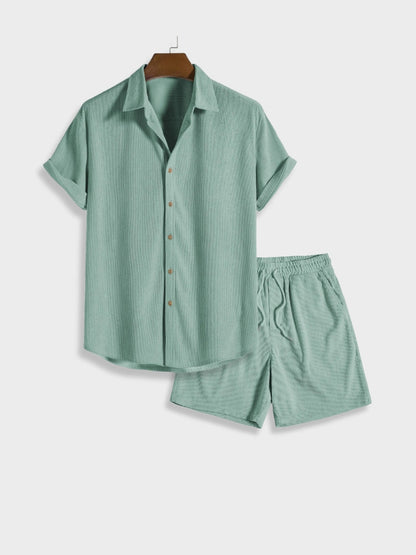 Victor - Leinen Sommerurlaub Zweiteiliges Set aus Button Up Shirt mit kurzen Ärmeln und elastischen Shorts für Männer