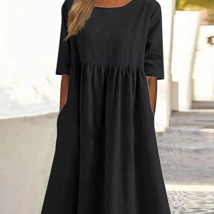 Marina Bequemes Weites Feminines Frühlings Midikleid mit halblangen Ärmeln und hohem Ausschnitt