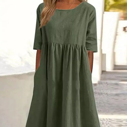 Marina Bequemes Weites Feminines Frühlings Midikleid mit halblangen Ärmeln und hohem Ausschnitt