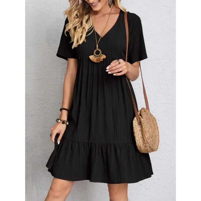 Godiva - Sommerkleid mit V-Ausschnitt, kurzen Ärmeln und Rüschen