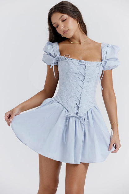 Oaklee -  Weich Blau Stickerei Korsett Mini Kleid