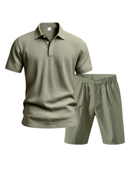 John - Zweiteilige Stück Leinen Urlaub Sommer Satz von kurz Ärmel Knopf unten Poloshirt und elastischen Taille Shorts