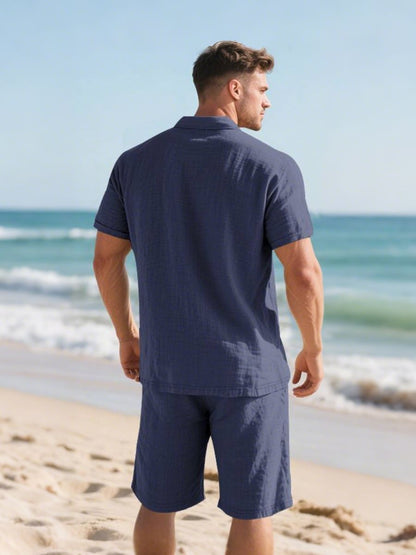 John - Zweiteilige Stück Leinen Urlaub Sommer Satz von kurz Ärmel Knopf unten Poloshirt und elastischen Taille Shorts