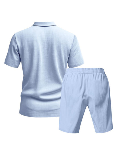 John - Zweiteilige Stück Leinen Urlaub Sommer Satz von kurz Ärmel Knopf unten Poloshirt und elastischen Taille Shorts