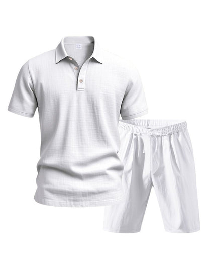 John - Zweiteilige Stück Leinen Urlaub Sommer Satz von kurz Ärmel Knopf unten Poloshirt und elastischen Taille Shorts