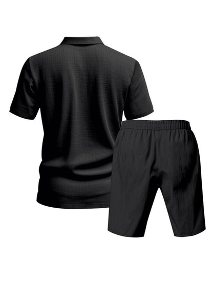 John - Zweiteilige Stück Leinen Urlaub Sommer Satz von kurz Ärmel Knopf unten Poloshirt und elastischen Taille Shorts