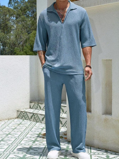 Lars - Textur Zweiteiliges Sommerset aus Halbarm-Shirt mit V-Ausschnitt und weit geschnittenen Hosen für Männer