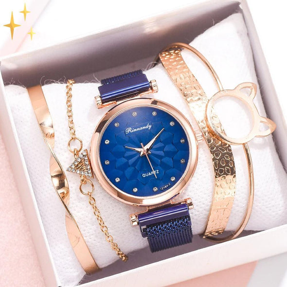 Mirabella Shopping 200363144 Blau - UITVERKOCHT Rosé Gold Analog Quarzuhr Luxury Set + 4 GRATIS Armbänder | Stilvoll und glänzend durch die Feiertage