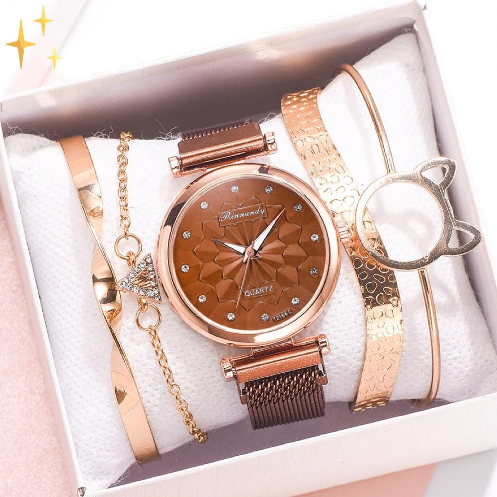 Mirabella Shopping 200363144 Braun - UITVERKOCHT Rosé Gold Analog Quarzuhr Luxury Set + 4 GRATIS Armbänder | Stilvoll und glänzend durch die Feiertage