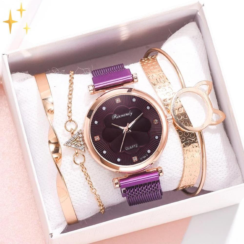 Mirabella Shopping 200363144 Lila - AUSVERKAUFT Rosé Gold Analog Quarzuhr Luxury Set + 4 GRATIS Armbänder | Stilvoll und glänzend durch die Feiertage