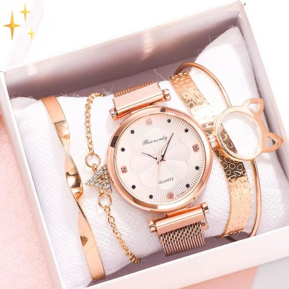 Mirabella Shopping 200363144 Rosé Gold Analog Quarzuhr Luxury Set + 4 GRATIS Armbänder | Stilvoll und glänzend durch die Feiertage