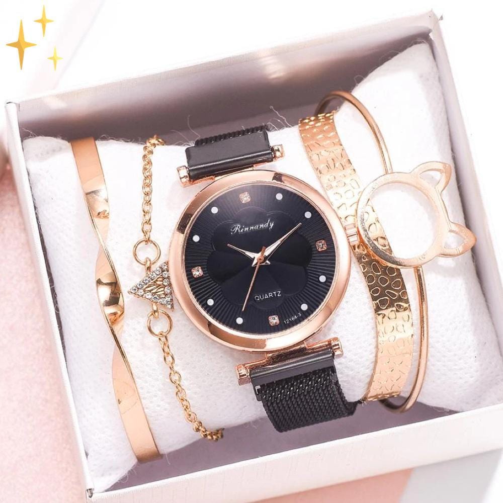 Mirabella Shopping 200363144 Schwarz + 4 GRATIS Armbänder Rosé Gold Analog Quarzuhr Luxury Set + 4 GRATIS Armbänder | Stilvoll und glänzend durch die Feiertage