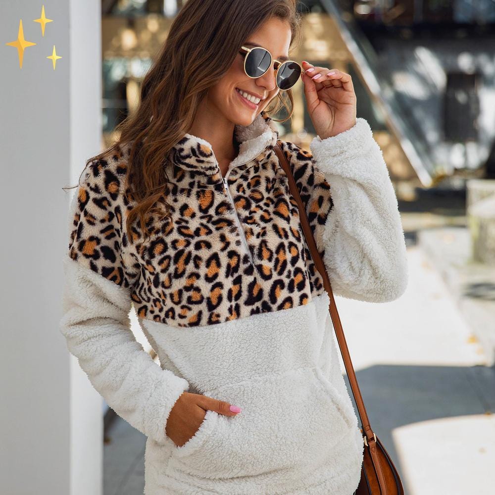 Mirabella Shopping DE 200000373 Weiß mit Braun / S Mirabella™ Maud Leopard Fleece Sweater | Wunderbar warm und modisch durch den Winter
