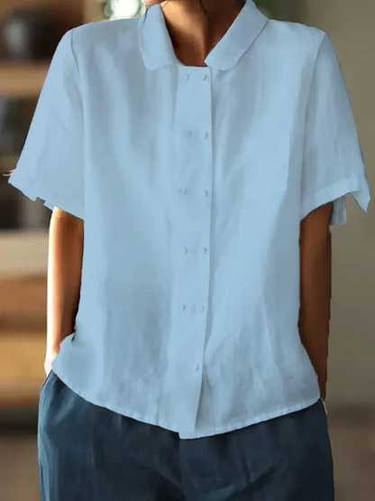 Calliope - Weiße Bluse aus Baumwolle und Leinen mit kurzen Ärmeln und lockerer Passform