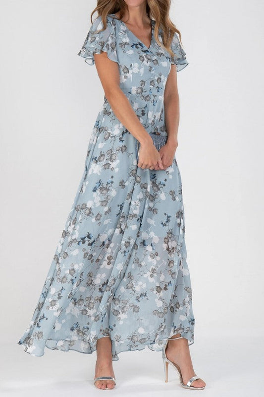 Eva - Maxikleid mit V-Ausschnitt und kurzen Ärmeln aus floralem Chiffon mit Rüschen