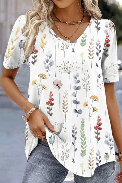 Anna - V-Ausschnitt Kurzärmeliges Lose Lässiges Shirt T-Shirt mit Blumen
