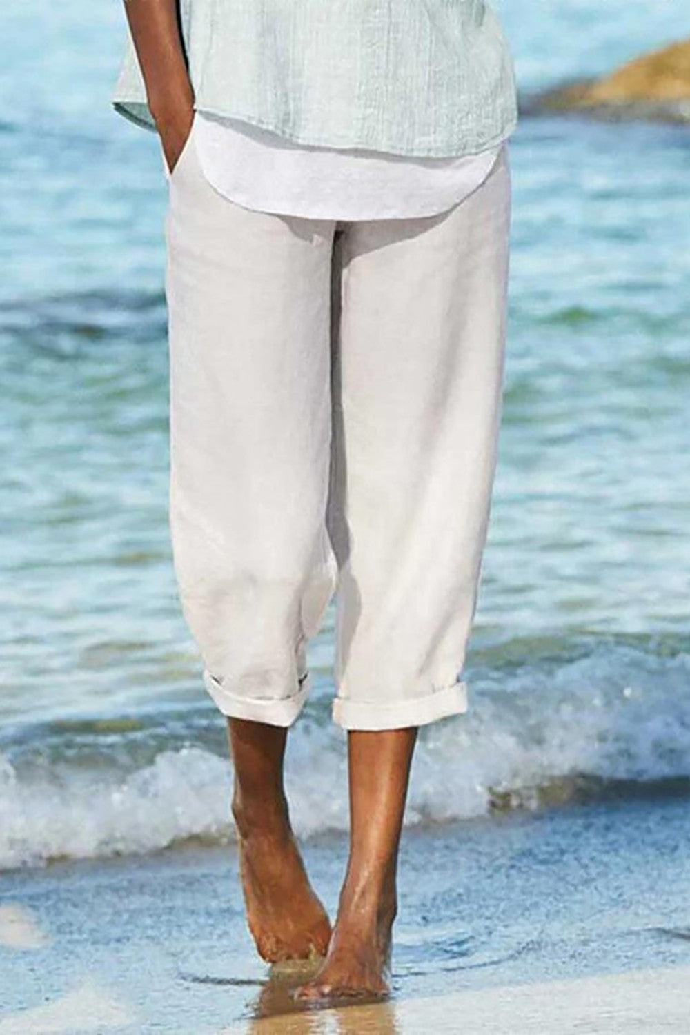 Sophie - Einfarbige Farbig Sommer Baumwoll-Leinen 3/4 Hose mit Gummizug in der Taille