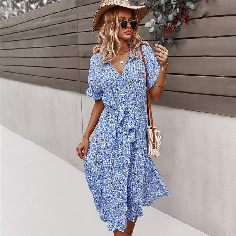 Boho schickes Midikleid mit Knöpfen Kurze Ärmel Bund und V-Ausschnitt
