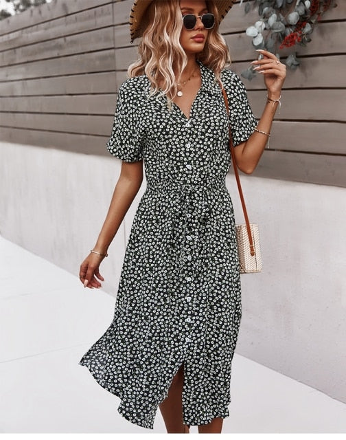Boho schickes Midikleid mit Knöpfen Kurze Ärmel Bund und V-Ausschnitt