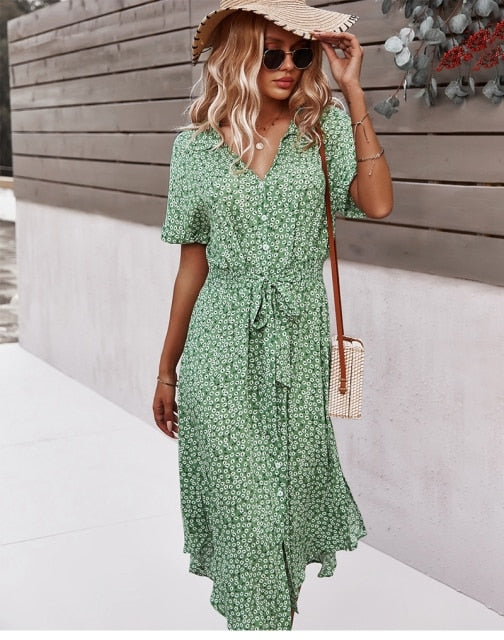 Boho schickes Midikleid mit Knöpfen Kurze Ärmel Bund und V-Ausschnitt