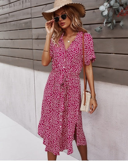 Boho schickes Midikleid mit Knöpfen Kurze Ärmel Bund und V-Ausschnitt