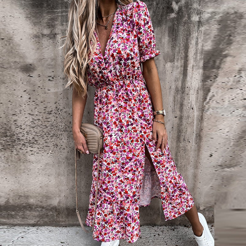 aliana floral print maxi Sommerkleid mit elastischer Taille Seitenschlitz halb-lange Ärmel und V-Ausschnitt