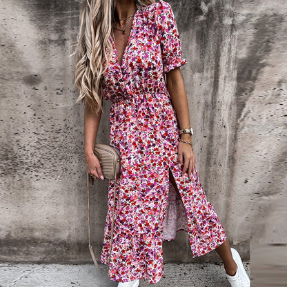 aliana floral print maxi Sommerkleid mit elastischer Taille Seitenschlitz halb-lange Ärmel und V-Ausschnitt