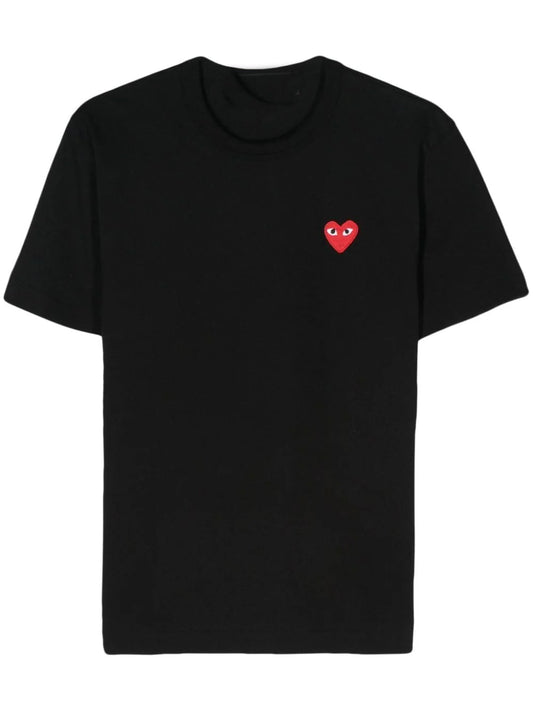 Comme Des Garcons Schwarzes Unisex T-Shirt mit kurzen Ärmeln und hohem Halsausschnitt Herz-Detail