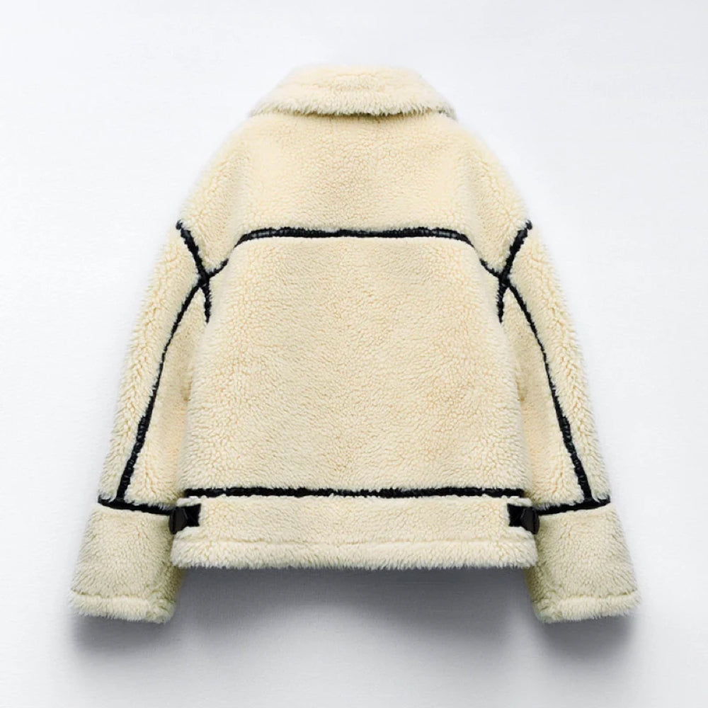 Teddy Modische Winterjacke aus Wolle in Übergröße Motorjacke mit schwarzen Akzenten Schnallen und voller Wärme