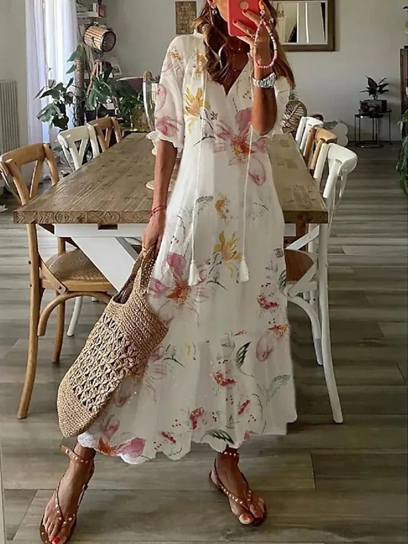 Eva - böhmisches Maxikleid aus Chiffon mit Blumenmuster, V-Ausschnitt und halben Ärmeln