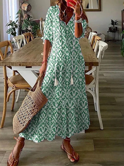 Eva - böhmisches Maxikleid aus Chiffon mit Blumenmuster, V-Ausschnitt und halben Ärmeln