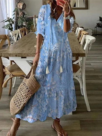 Eva - böhmisches Maxikleid aus Chiffon mit Blumenmuster, V-Ausschnitt und halben Ärmeln
