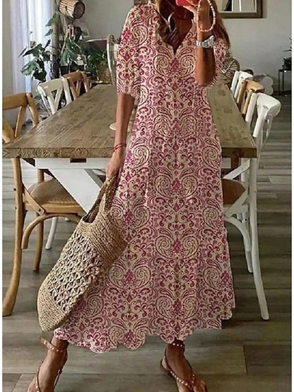 Eva - böhmisches Maxikleid aus Chiffon mit Blumenmuster, V-Ausschnitt und halben Ärmeln