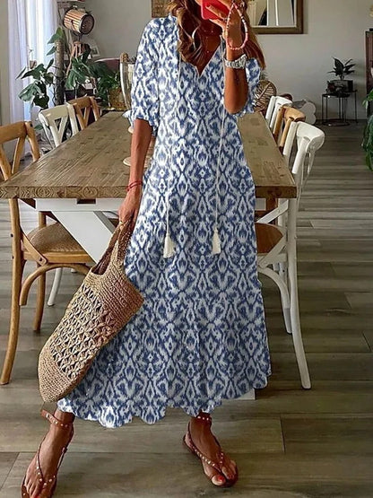 Eva - böhmisches Maxikleid aus Chiffon mit Blumenmuster, V-Ausschnitt und halben Ärmeln