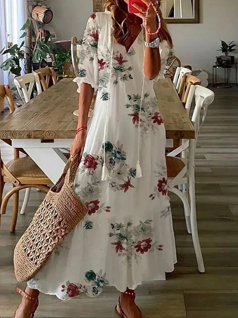 Eva - böhmisches Maxikleid aus Chiffon mit Blumenmuster, V-Ausschnitt und halben Ärmeln