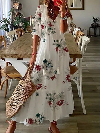 Eva - böhmisches Maxikleid aus Chiffon mit Blumenmuster, V-Ausschnitt und halben Ärmeln