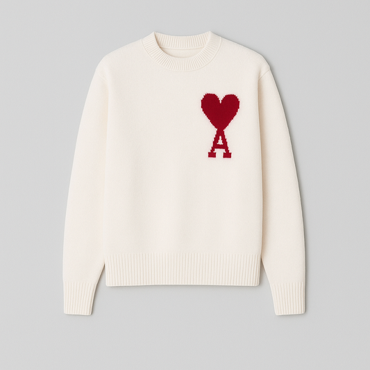 PARIS Strickpullover mit Herz und Buchstabe A - Unisex, Rundhalsausschnitt, Uni-Farben