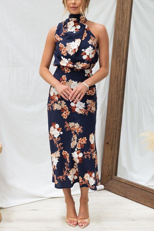 Rana - modisches Blumenkleid mit Neckholder und Taillenband für Frauen