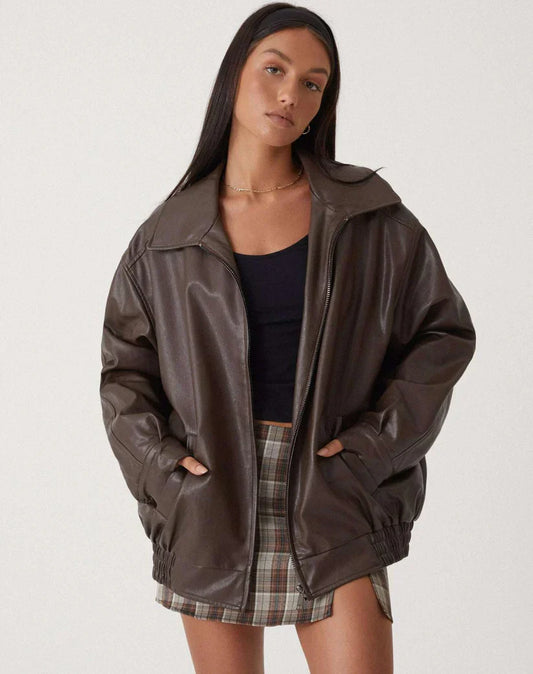 Aria - übergroß Leder Jacke mit Reißverschluss für a coolen und trendigen Blick